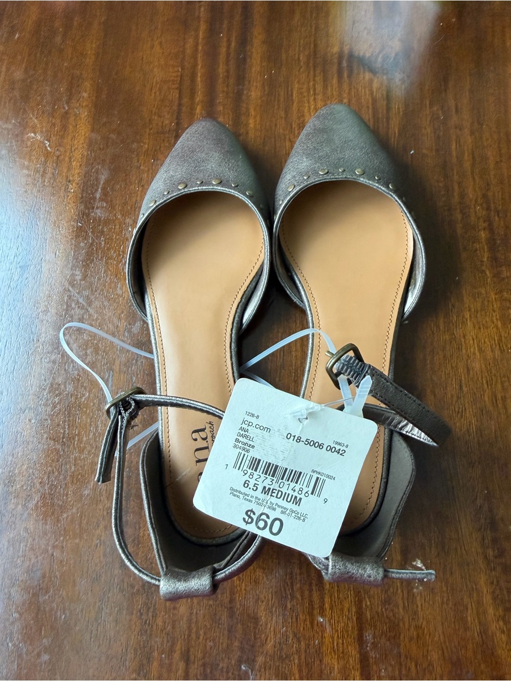 A.N.A Women's Bronze Faux Suede Pointed Toe Studded Ankle Strap Flats 6.5 M